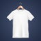 Mockup White Blank Mens Or Unisex Cotton T-Shirt On The Hanger. Front View. Illustration Isolated On Blue Background