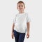 Mockup of white clothing on posing cute kid in blue jeans, isolated on background in studio, front view