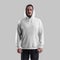 Mockup of white hoodie on bearded man in hood, oversized clothes with pocket, laces, label, for design, branding, front