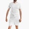 Mockup of white loose shorts with compression lining, underpants, t-shirt on a sporty man with a beard, for design, pattern, front