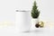 Mockup - White wine tumbler with christmas tree, light, pine cone and glittery gold bauble