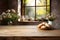 Mockup Wooden Table decorated with flower vases