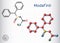 Modafinil molecule. It is stimulant, wakefulness promoting agent. Sheet of paper in a cage. Structural chemical formula and