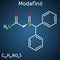 Modafinil molecule. It is stimulant, wakefulness promoting agent. Structural chemical formula on the dark blue background