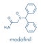 Modafinil wakefulness promoting drug molecule. Used to treat narcolepsy. Skeletal formula.