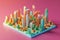 Model City on Pink Background, A 3D graph of investment values in different industries, AI Generated