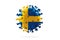 Model of COVID-19 coronavirus colored in national Sweden flag, concept of pandemic spreading