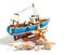 Model fishing boat with shells and starfishes on the white background