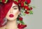 Model girl with red roses flower wreath and fashion makeup. Flowers hairstyle