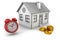 Model home, red alarm clock, stacks dollar coins