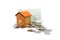 Model house with coin, calculator, book bank, concept Collecting money Buying a house, residence