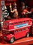 Model of iconic vintage red double decker London bus with slogan \\\'Best of British\\\' on the side.