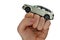 Model of large silver metallic coloured SUV car placed on raised fist of adult male person, white background