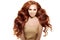 Model with long red hair. Waves Curls Hairstyle. Hair Salon. Updo. Fashion model with shiny hair. Woman with healthy hair girl wi