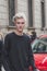 Model Lucky Blue Smith poses outside Cavalli fashion show building for Milan Men\'s Fashion Week 2015