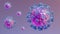 Model of molecules coronavirus in different sizes in pink and magenta colors on purple background