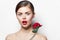 Model naked shoulders Red lips charm rose luxury clear skin