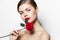 Model Nude shoulders rose flower red lips attractive appearance