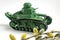 Model of an old Soviet tank made of paper on a white background. Close up