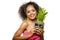 Model with pineapple in hands. African American Girl with Exotic Fruit. Cheerful woman with a smile relaxing on vacation. Image