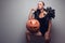 Model posing with halloween pumpkin