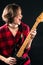 Model Red Flannel Shirt Mouth Open Electric Guitar Mouth Open