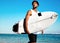 Model surfer wearing casual clothes going with surfboard on blue ocean