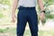 Model wearing blue   color cargo pants or cargo trousers