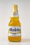 Modelo Especial beer bottle clear bright yellow colour on a white background