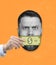Moder artwork, contemporary design of brutal man and hand covering mouth with money note isolated over orange background