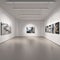 A modern 3d art gallery with white walls, track lighting, and avant-garde sculptures and paintings on display.