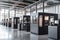 Modern 3D printing facility with multiple machines creating complex objects from various materials