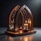 Modern abstract cocobolo wood arch with two different candles and lighting