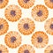 Modern abstract gerbera daisy flower seamless pattern background. Geometric repeat with orange indigo florals on light