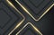 Modern abstract realistic black background with shiny gold metal element. Golden geometric layout frame background