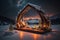 Modern abstract wooden carved arch with a winter wonderland arrangement, placed in a winter landscape at night