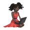 A modern African-American girl teenager in a scarlet dress works enthusiastically with her personal laptop