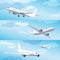 Modern airplane flying through clouds, set. Vector