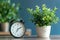 modern alarm clock and houseplant on bedside table. ai generated