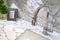 Modern all in one faucet and water sprayer ketching grey and white countertop