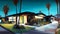 Modern American Californian night suburban home architectural illustration painting. Generative AI