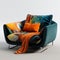 Modern American Futon Armchair: Orange And Blue Lounge Chair With Flowing Fabrics