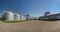 Modern animal feed factory. Panoramic view of new granaries, big