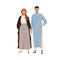 Modern Arab love couple of man and woman in fashion casual clothes. Portrait of Muslim male in tunic and female in hijab