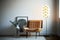 modern armchair and lamp decoration in the corner of the hall, lagom style, copy space