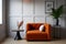 modern armchair in orange-brown tones in front of white panel wall, gentleman modern stylish coffee table, copy space