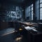 Modern Art Artistical Workspace, Office Building Interior, Dark Colors, Calm Mood, Working On Progect, Papers and Books,