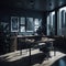 Modern Art Artistical Workspace, Office Building Interior, Dark Colors, Calm Mood, Working On Progect, Papers and Books,