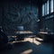 Modern Art Artistical Workspace, Office Building Interior, Dark Colors, Calm Mood, Working On Progect, Papers and Books,