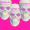 Modern art collage. Three white sculptures of skulls on a pink background with text covid-19. Corona virus concept. Coronavirus